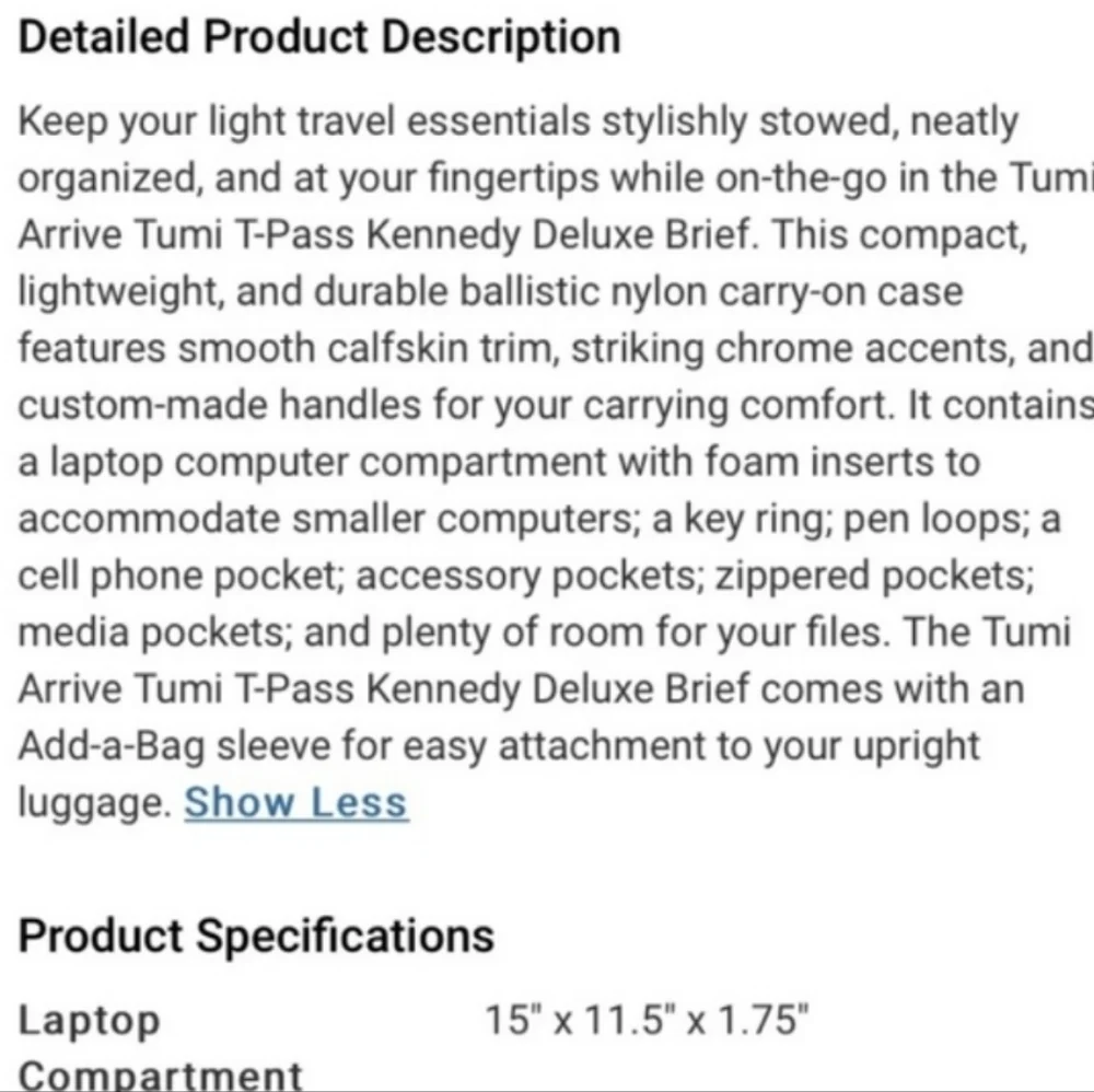 Tumi Arrivé T-Pass Kennedy Expandable Deluxe Brief Laptop Carryall Brief…